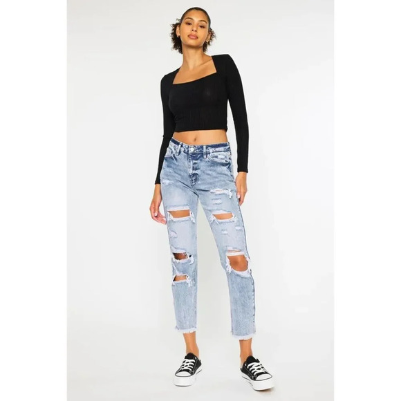 NWT Kancan Collie Super High Rise Distressed Frayed Hem Mom Jeans Size 7/27 - Picture 3 of 16